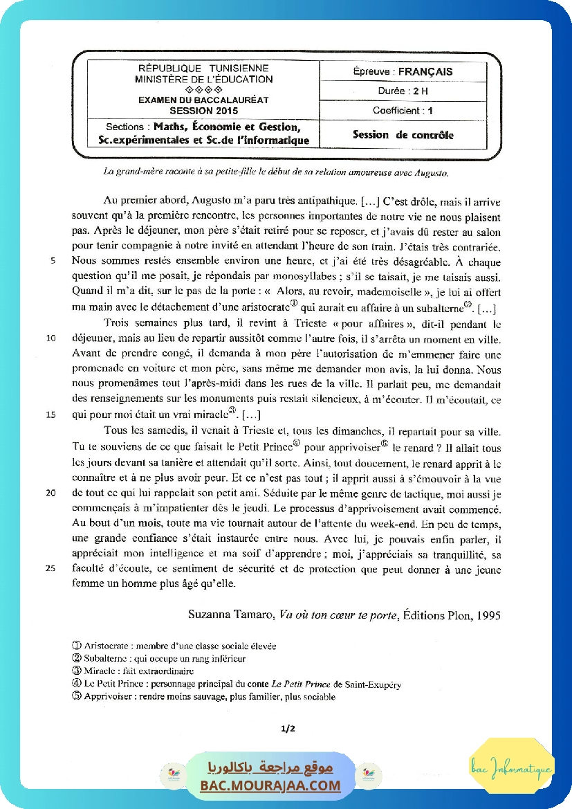 Sujet controle francais Bac 2015 – Section info